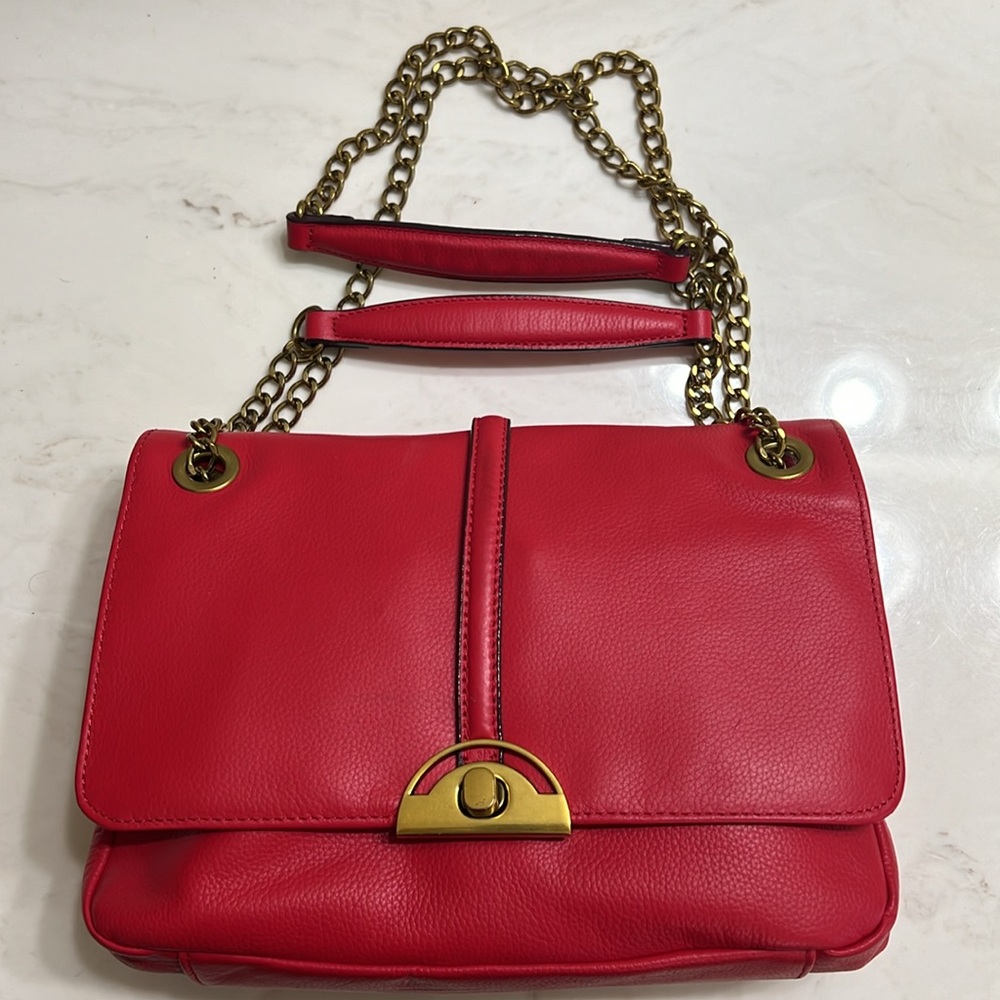 Antonio Melani Leather Red Shoulder Bag with Fab Gold Chain Strap & Detail NWOT